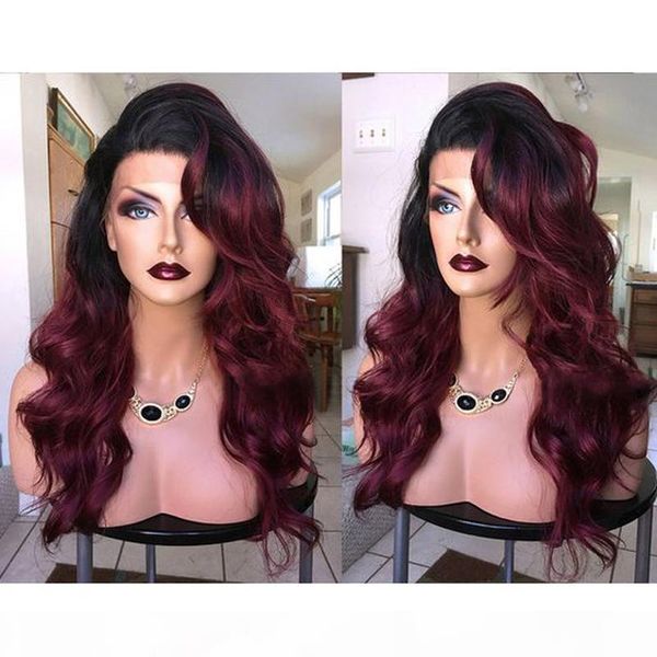 

side part long body wave dark roots ombre 99j red wigs heat resistant hair synthetic lace front wigs with baby hair, Black