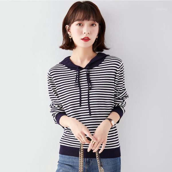 

2020 aututmn spring women sweater fashion casual striped pullovers long sleeve elegant kintted short hooded1, White;black
