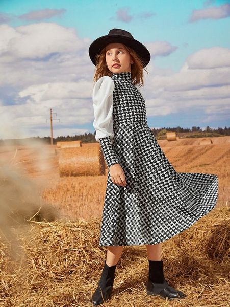 

girls high neck leg-of-mutton sleeve houndstooth dress she, Red;yellow