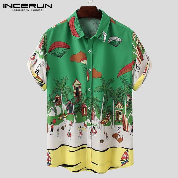 

incerun men hawaiian shirt printing short sleeve 2020 turn down collar streetwear breathable vacation blouse chic casual camisas, White;black