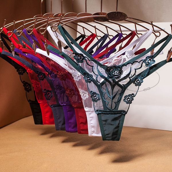 Sexy Bordado Malha Fio Senhoras Tanga Perspectiva Transparente Mulher Tentação Underwear Moda Hot T Calças G-String Novo Bfriefs