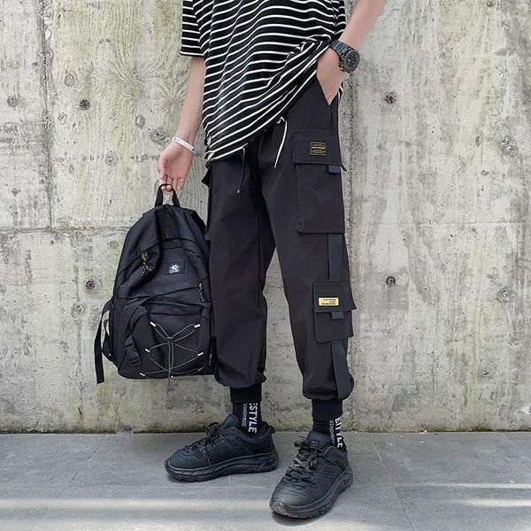 

streetwear ribbons harem pants men 2020 spring fashion casual joggers mens pants multi-pockets cargo ankle-length men trousers, Black