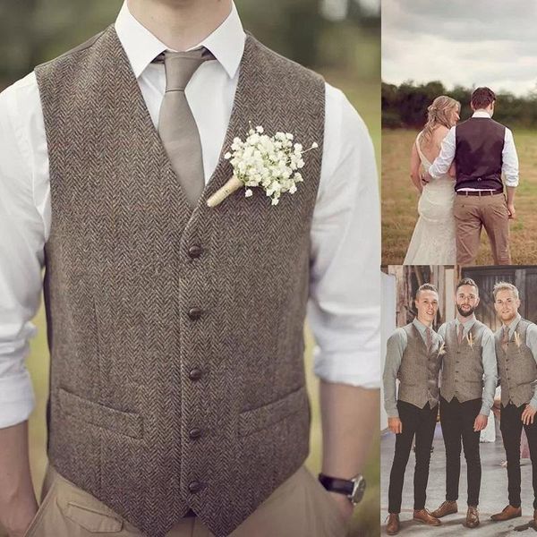 

men's vests farm wedding brown herringbone wool tweed single breasted one piece men waistcoat custom made groom's suit slim fit ma, Black;white