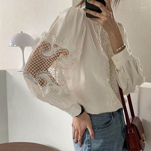

loose lace women white shirts sweet hollow out lantern sleeve new vintage blouse women stand collar blouses solid apricot 126201