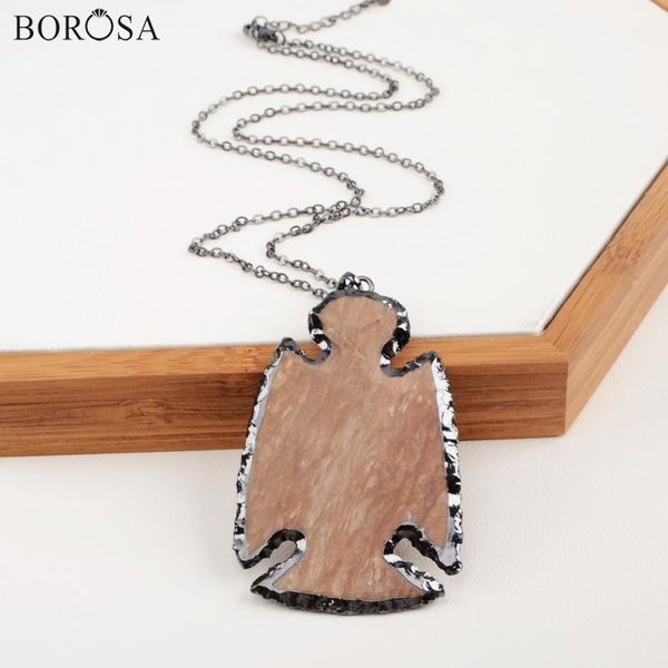 

BOROSA Black Plated Rough Natural Jaspers Necklace Bird Shape for US European Jewelry, Silver