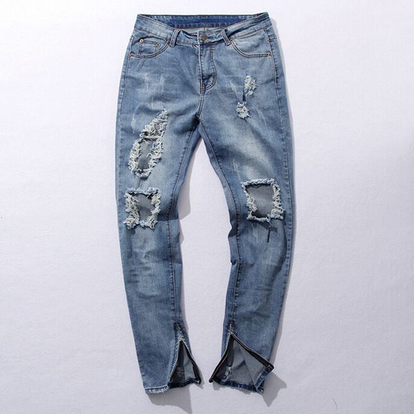 

2021 new fall hip hop torn jeans biker's in pants the hallways of men's sideways zipper thin denim homme breeches gixt, Blue