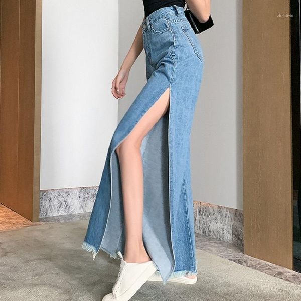 

new arrival summer high waist split denim jeans women wide leg jeans floor length pants1, Blue