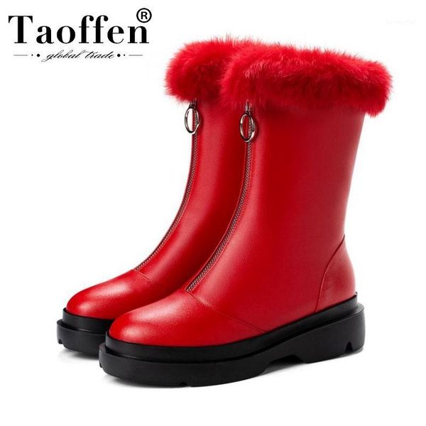

boots taoffen 2021 winter keep warm women mid calf round toe platform zipper plush fur snow shoes woman size 33-401, Black