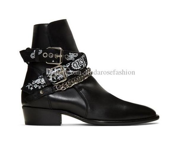 

man new brand ami ri black genuine leather fashion bandana buckle boots ankle-high buffed leather chain hardware western shoes boots