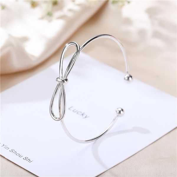 

japan and south korea s925 pure silver open bow bracelet women's sweet simple fashion all round bracelet manufacturers wholesale, Black