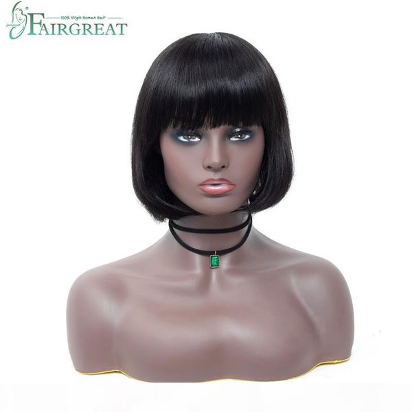 

fairgreat hair wigs 150% density short straight human hair bob wigs pre plucked bleached knots brazilian non remy hair 10 inch wig, Black;brown