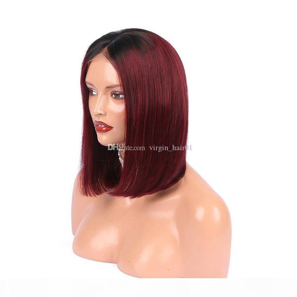

two tone 99j human hair lace wig wine red silk straight middle part bob wig ombre burgundy full lace wig for black women, Black;brown
