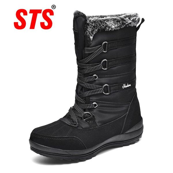 

boots sts women's casual winter snow waterproof shoes women platform keep warm ankle with fur heels outdoor footwear, Black