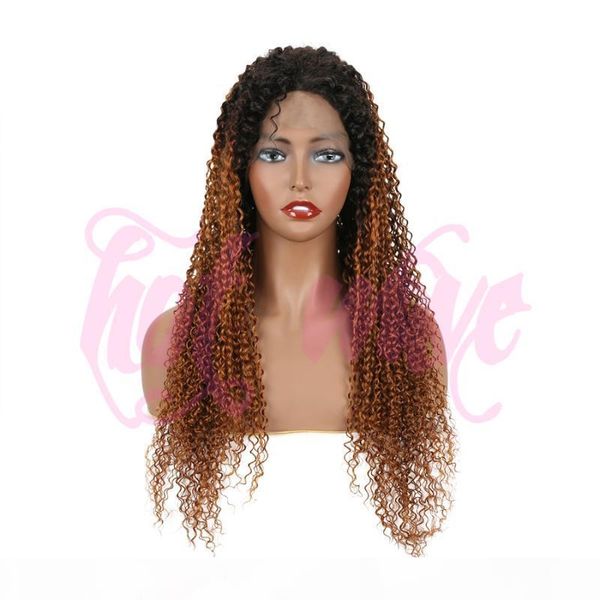 

wave 4x4 remy brazilian human hair front frontal lace closure wig for women ombre black gold brown kinky curly, Black;brown