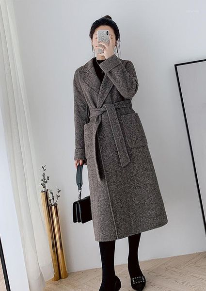 

2019 women woolen coat elegant turn down collar women long woolen coat dark gray design winter warm casaco feminino1, Black