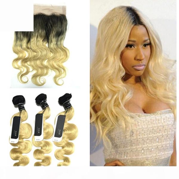 

ombre 1b 613 brazilian body wave hair weaves with pre plucked 360 lace frontal closure with bundles dark roots blonde ombre virgin hair, Black;brown