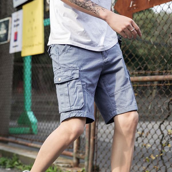 

summer mens cargo shorts multi pocket gray solid color 100% cotton homme casual male trousers streetwear kg-227, White;black