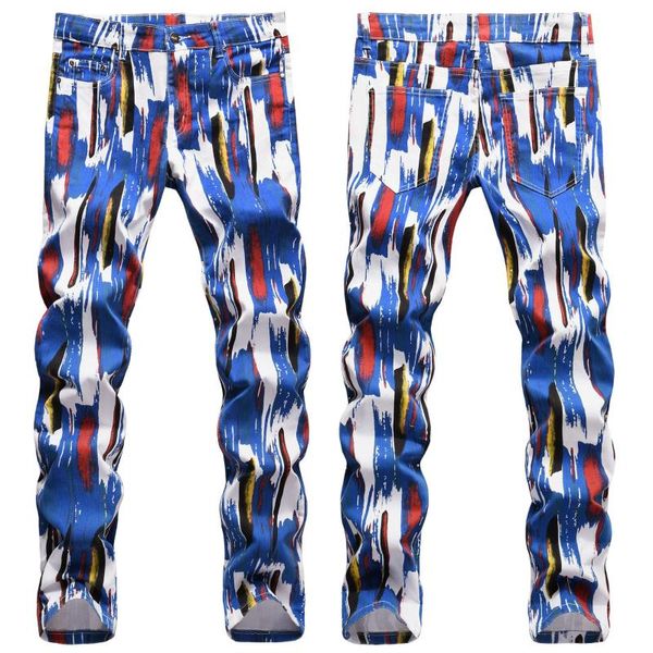 

korean men's jeans graffiti printed decor personality fashion stage singers hip-hop slim straight spring autumn new male pants, Blue