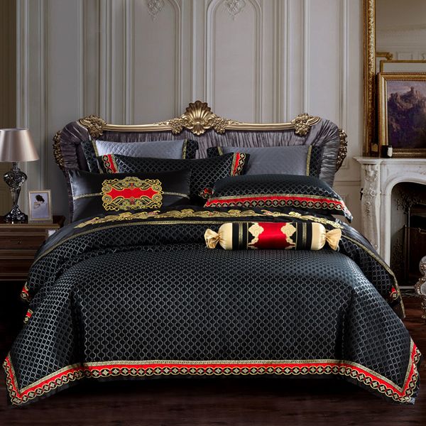 Azul Black Silk Satin Luxo Royal Bedding Set Queen King Size Cama Set Cama / Cama Plana Spread Spread Set Fronha Casa de edredão LJ200819