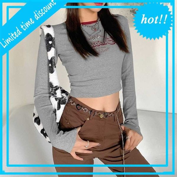 

women's clothing autumn and winter 2021 new slim letter printing long sleeve round neck navel t-shirt for women, White