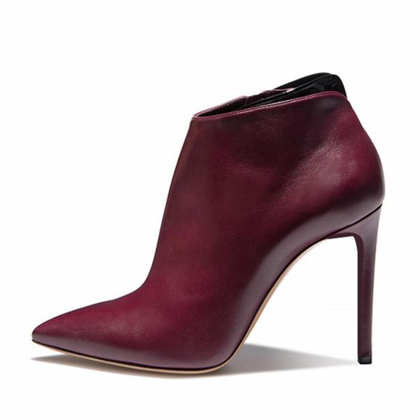 

boots wine red women ankle pointed toe genuine leather thin high heels side zipper pumps stiletto wedding dress shoes, Black