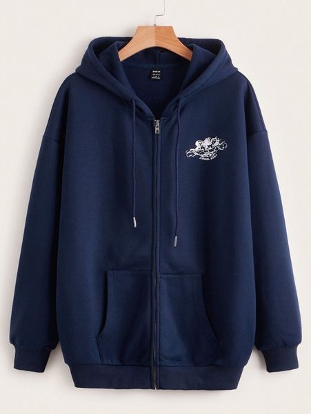 

letter & figure graphic kangaroo pocket zip front thermal hoodie c82s#, White;black