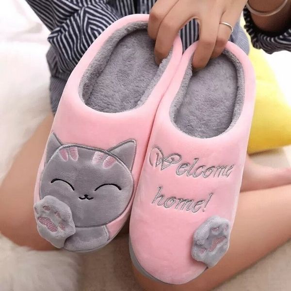 

women winter home slippers cartoon cat shoes non-slip soft winter warm house female slippers indoor bedroom lovers couples floor y201026, Black