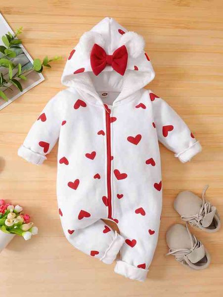 

baby heart print bow hooded jumpsuit she, Blue