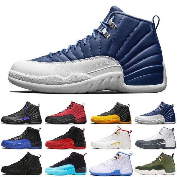 

jumpman 12 12s men basketball shoes reverse flu game dark concord indigo athletic mens trainers sports sneakers size 7-13, White;red