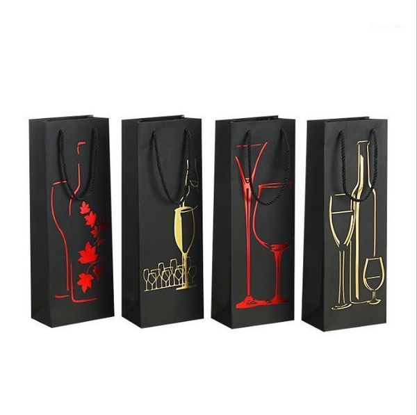

12pcs 9x9x35cm black paper wine bags red black kraft paper stamping package bottle1