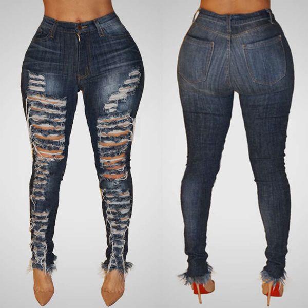 

new style women's jeans with big holes, Blue