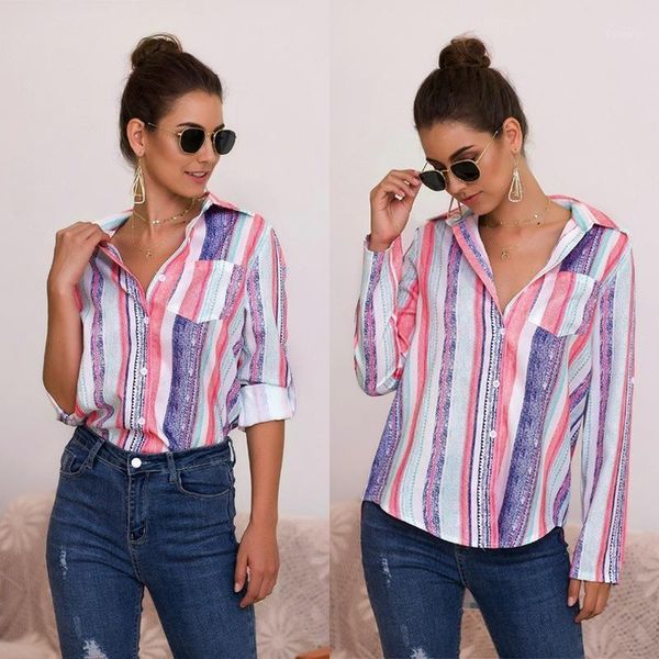 

autumn and spring fashion color striped oversized shirt womens long sleeve turn-down collar blouse1, White