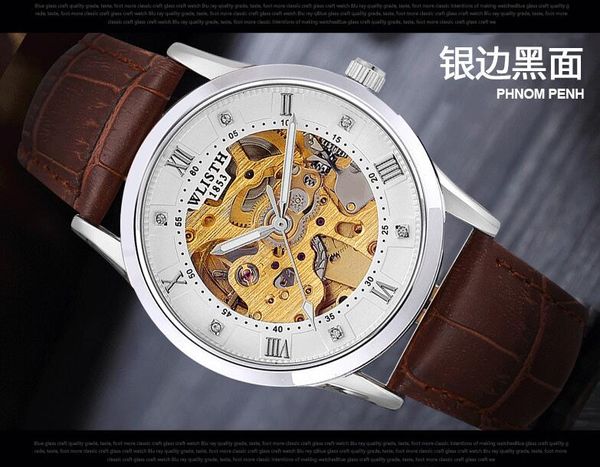 Wlisth Men's Silver Edge Black Watches Products Venda de qualidade de qualidade dupla face oco relógio mecânico de pele