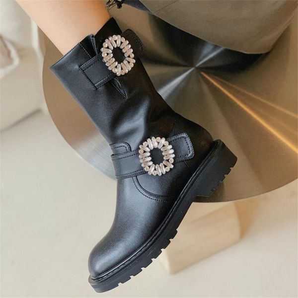 

boots pxelena designer flower crystal genuine leather riding knight women autumn winter 2021 shoes heel motorcycle mid calf boot, Black
