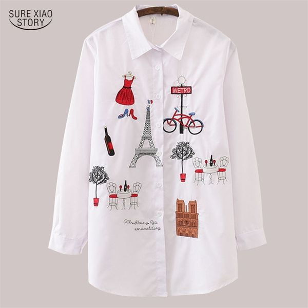 Новая белая женская блузка 19 с длинным рукавом хлопчатобумажная вышивка блузка дама повседневная кнопка дизайн поворотный воротник женская рубашка LJ200811