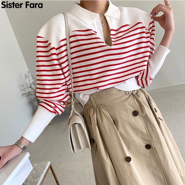 

sister fara spring autumn new woman's turn-down collar stripe knitting shirt pullover puff sleeve ol office lady sweater h1211, White;black