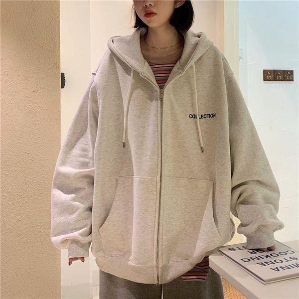 

size harajuku oversized women hooded casual sweatshirt plus streetwear zip-up outerwear hoodies style new loose korean ittpa, Black