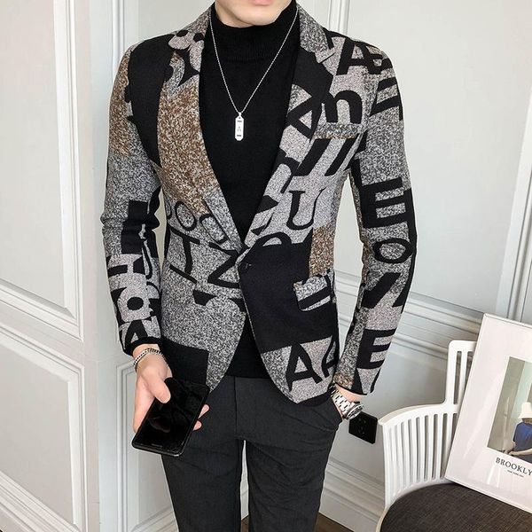 

retro woolen blazer 2021 fall winter men letter print blazer jacket slim fit party prom club pattern fashion tweed coats, Black