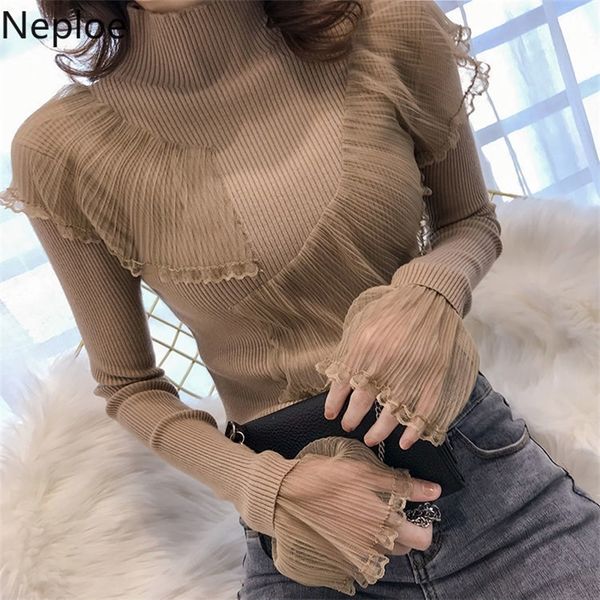 

neploe fall women lace patchwork ruffles sweaters new korean clothes half turtleneck slim fit knit pullovers sweet sueter 201204, White;black