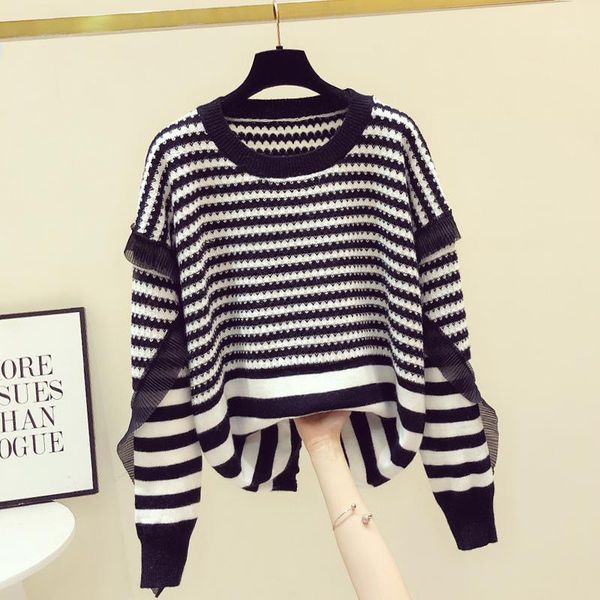 

ruffled striped sweater women's 2020 autumn winter new round neck pullover long sleeve korean knitted female loose sweaters1, White;black