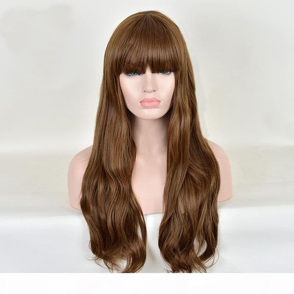 

z&f light brown 75cm long body nature wave synthetic hair with bangs nature look wigs for women, Black