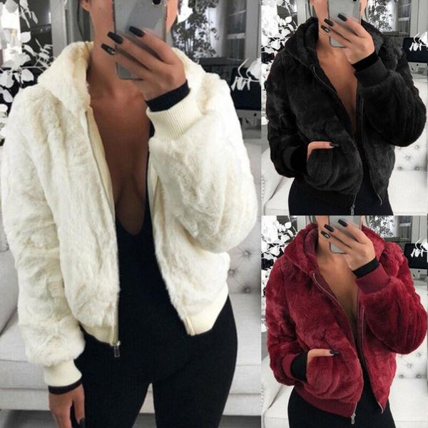 

women ladies long sleeve slim pocket zipper short clothing fluffy cropped coat jackets faux fur winter warm plush outerwear, Black;brown