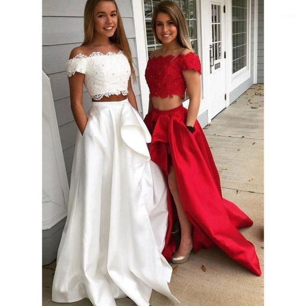 

two piece prom dresses a line lace appliques high side split satin formal evening party gowns floor length pageant dress cp7651, White;black