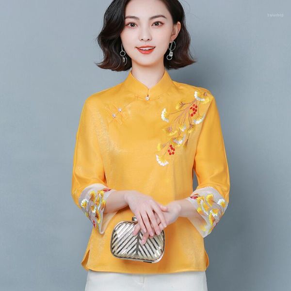 

chinese style women blouses vintage embroidery stand collar silk blouse women shirts loose plus size 4xl blusas mujer1, White