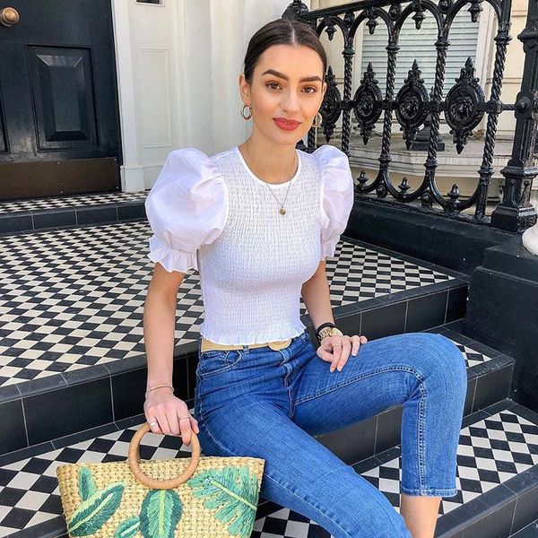 

2020 new fashion women summer o-neck t-shirts pure color casual puff sleeve slim for women white tees harajuku clothes1