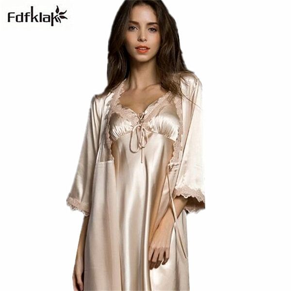 

new 2018 spring summer three quarter sleeve silk robes set v-neck 2 pieces home suit dressing gowns for women t200111, Black;red