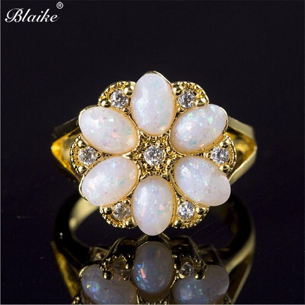 

blaike yellow gold filled flower rings for women exquisite white fire opal ring bride wedding party ring jewelry birthday gifts, Slivery;golden