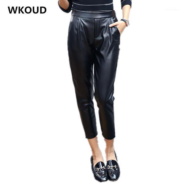 

wkoud 2018 women pu leather pants high waist sweatpants spring ankle-length loose harem trousers female casual wear p83491, Black;white