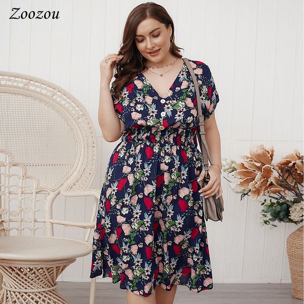 

short sleeve floral printing knee length dresses fashion summer v neck new wild dress plus size casual high waist women dress, Black;gray