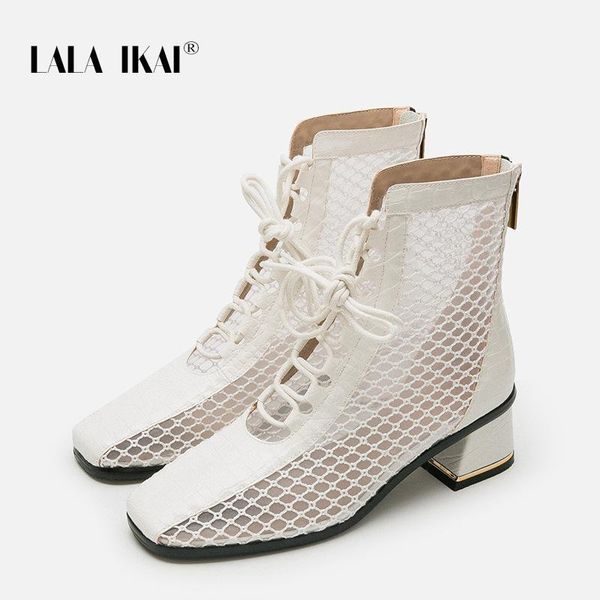 

lala ikai 2020 new fashion lace-up mesh boots for women med heels square toe high heels shoes woman hollow out boots xwc10238-41, Black